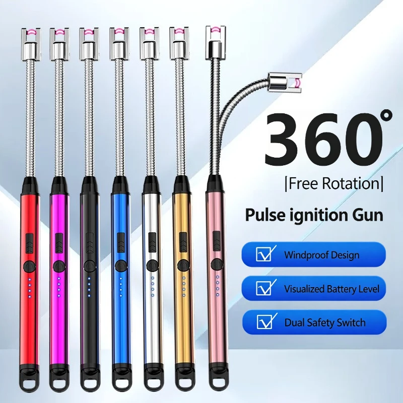 USB Electric Arc Lighter, 360° Flexible Rotatable Neck Pulse Igniter, Windproof LED Power Display Safety Dual Switch Lighter