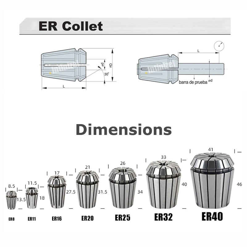 ER Spring Collet ER16 ER20 ER25 ER32 ER40 3.175mm 6.35mm 12.7mm -1/8 1/4 1/2 High Precision 0.008mm Milling Tool Holder CNC