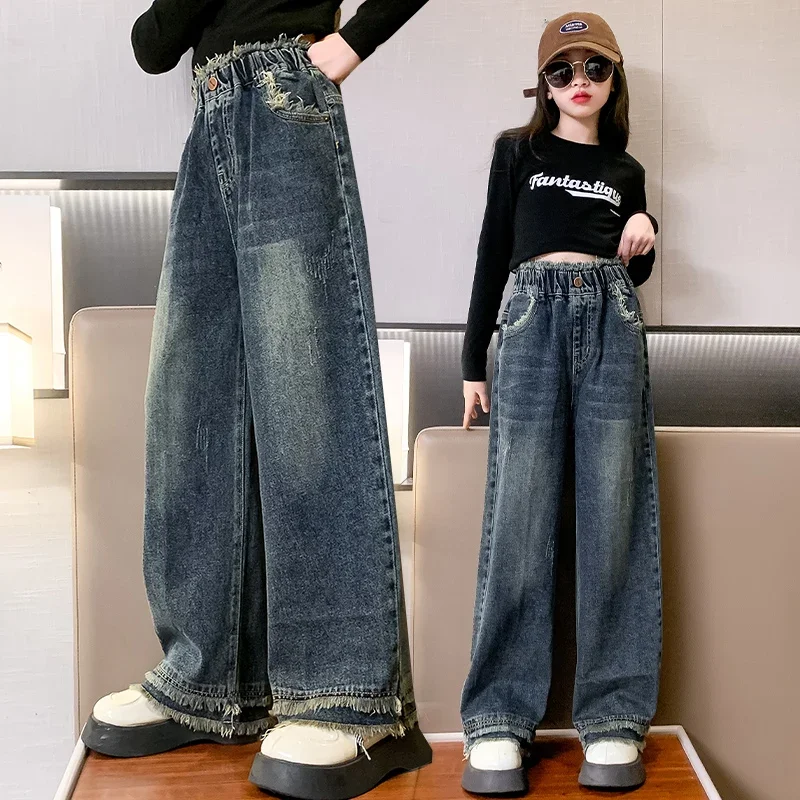 Kids Wide Jeans Denim Pants For Girls Teenage Jeans Fashion Young Children Bottoms School Teens Clothes 9/11/13/15 Years Old