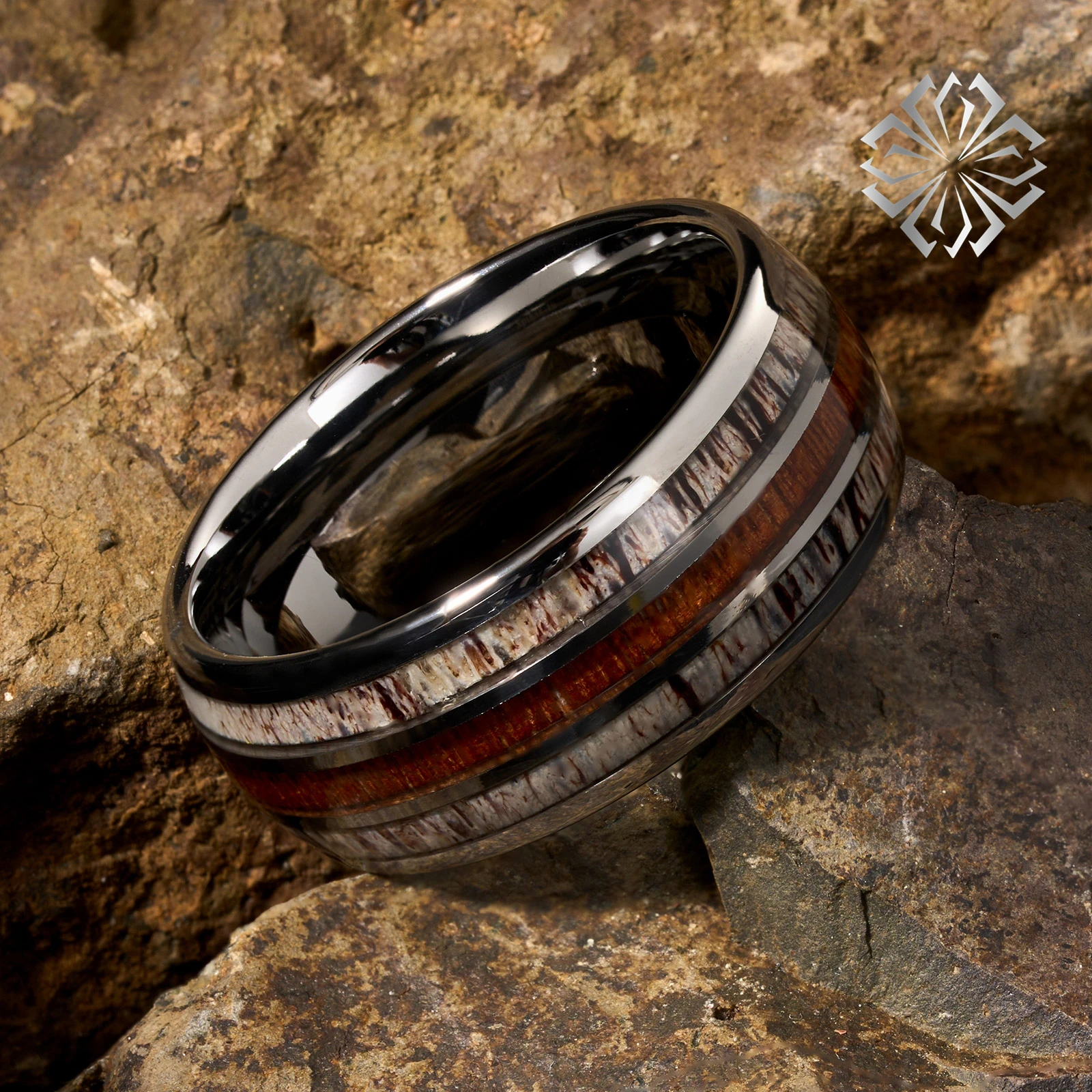 10mm Silver Tungsten Ring Men Wedding Band ATOP Jewelry With Deer Antler Koa Wood