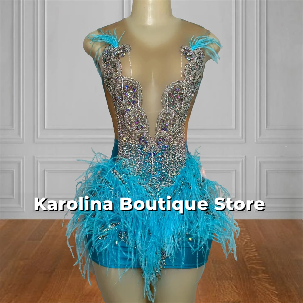 

Blue O Neck Luxuey Prom Dresses Black Girls Feathers Beaded Rhinestones Mini Cocktail Gowns vestidos de fiesta Customized