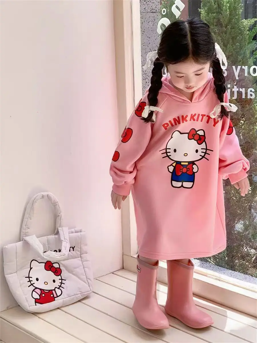 

Платье для девочек Sanrio Hellokitty с капюшоном, юбка, весенне-осенний халат с мультяшным принтом, корейская версия, очаровательный модный универсальный наряд