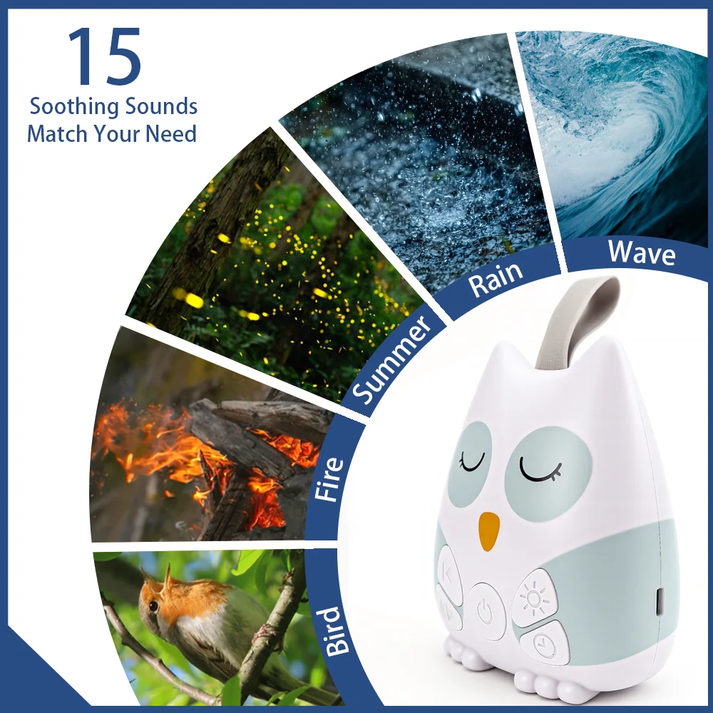 Machine portative à bruit blanc hibou pour bébé, 15 sons naturels apaisants, sucette pour nourrissons en bas âge, aide au sommeil confortable, adaptée aux voyages