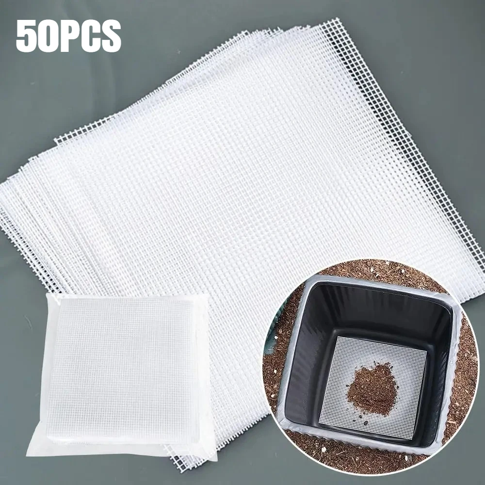 50PCS Flower Pot Mesh Pad - Anti Leak Soil Protector for Ceramic Pots, Breathable Insect Proof Garden Gasket (10x10cm PVC)