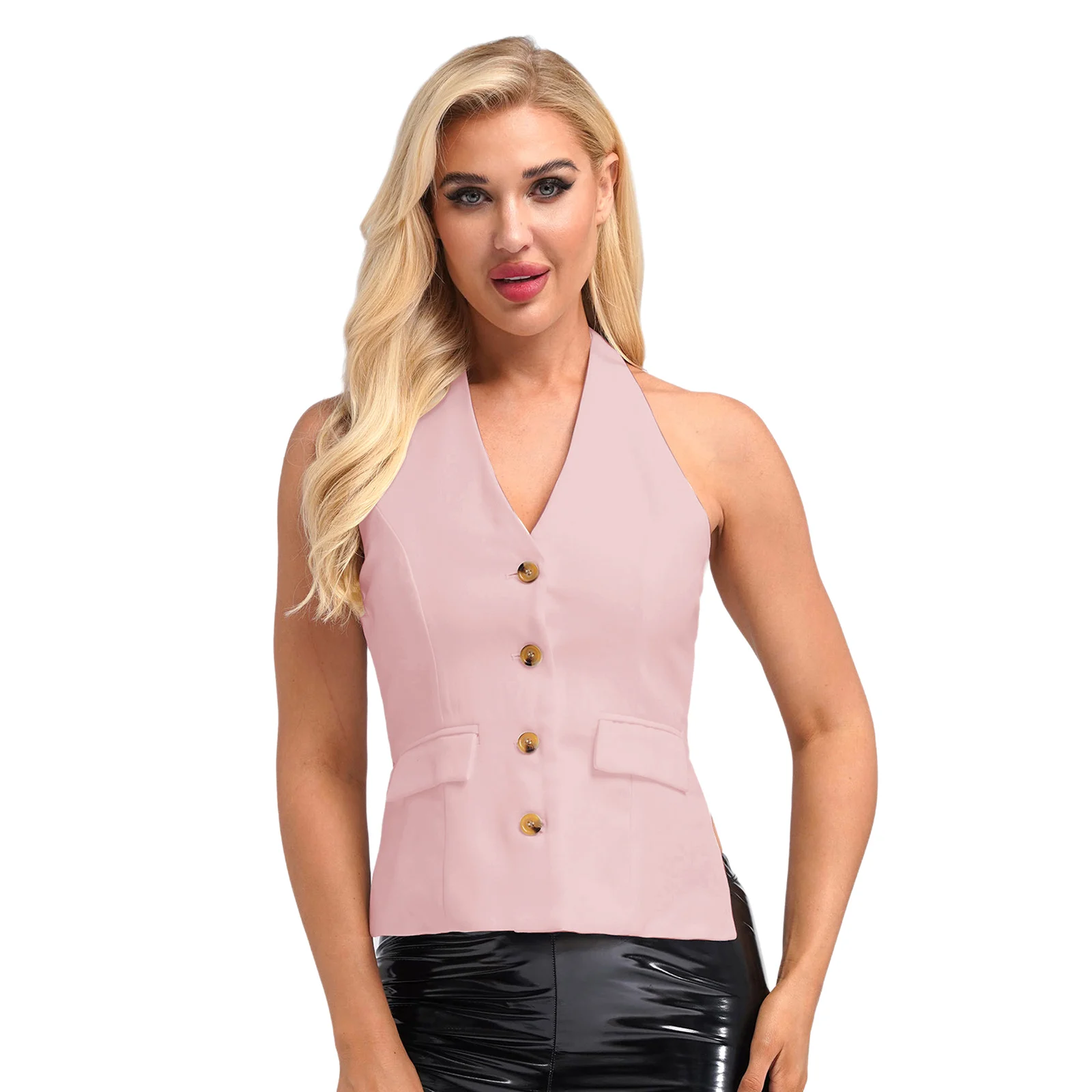 Women's Vest V Neck Halter Neck Waistcoats Button-up Backless Waistcoat Top for Office Work Commute OL Lady Vests Workwear