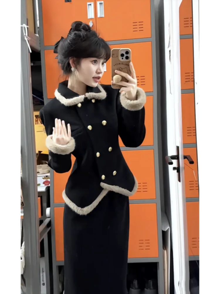 Inverno conjunto de três peças feminino estilo menina rica design destacável capa manga longa casaco cintura alta magro ajuste saia outfit