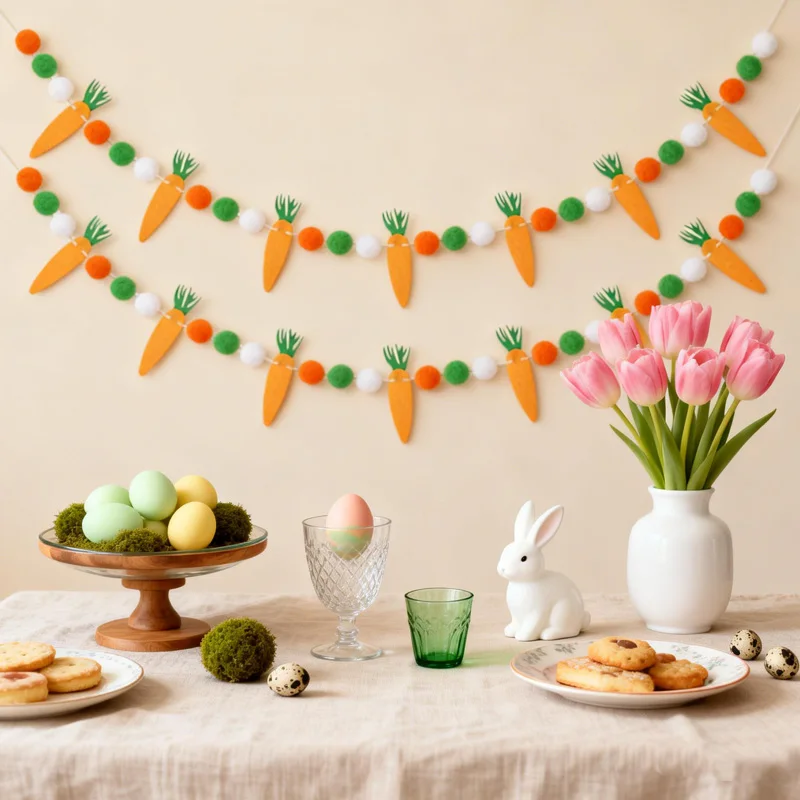 Oster-Karotten-Pompon-Girlande Banner Frohe Ostern Party Wandbehang Wimpelkette Kinder Geburtstag Party Dekoration Zubehör