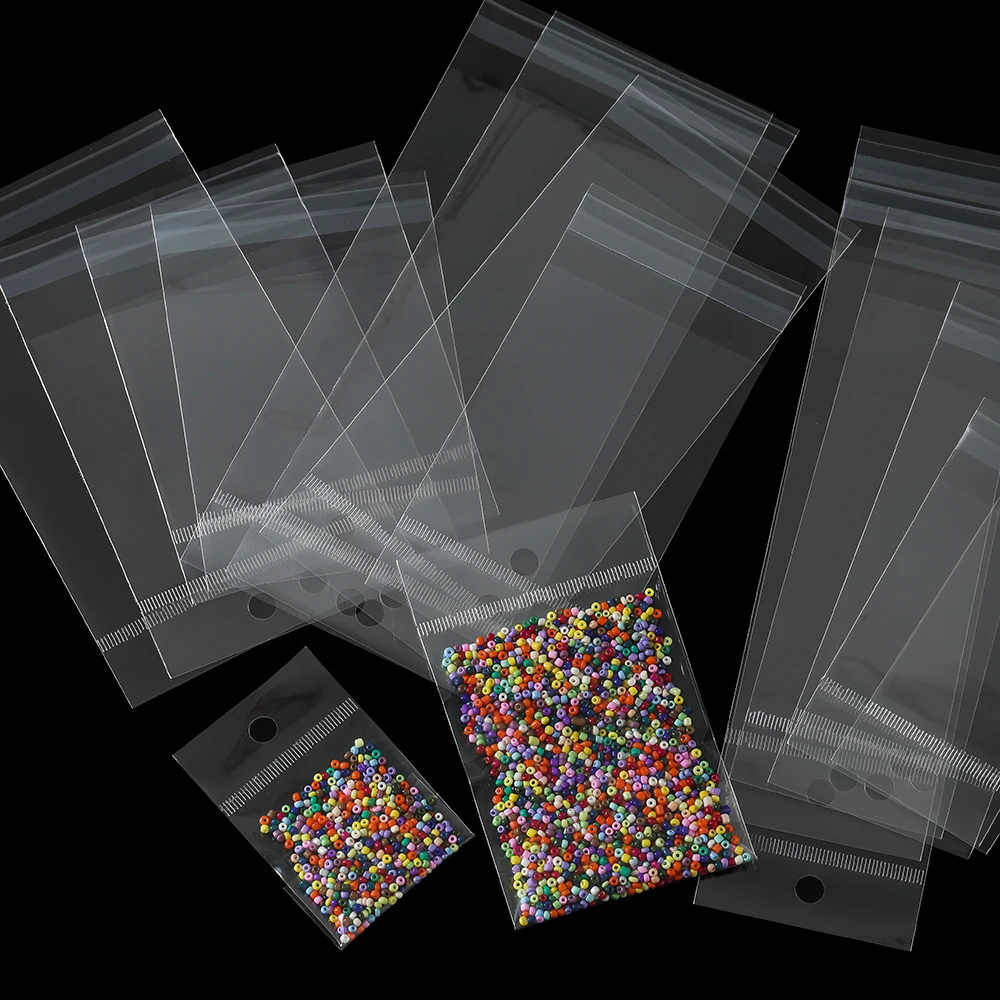 100pcs Transparent Self Adhesive Plastic Storage Bag OPP Poly Pack Bag With Hang Hole Retail Packaging Pouches Beads Jewelry Bag