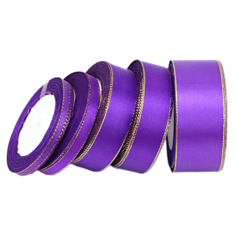 (25 yards/roll) purple gold Edge Satin Ribbon Wholesale Gift Christmas ribbons (6/10/20/25/40mm)