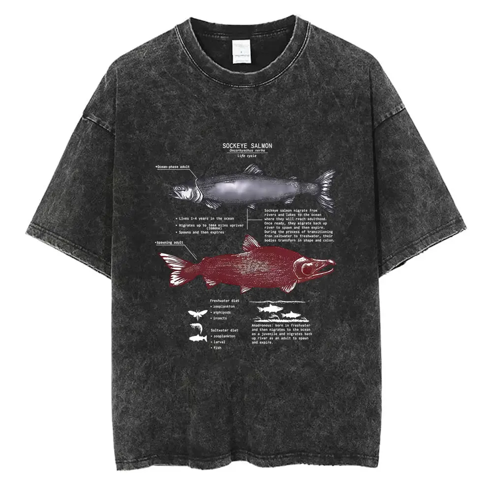 

Funny Sockeye Salmon Anatomy Vintage Washed T-shirt Men Women Casual Oversized T Shirts Male Fashion Soft Cotton Short Sleeve