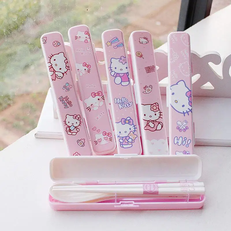 Sanrio Hello Kitty Travel Portable Cutlery Set Abs Resin Material Portable Fork Spoon Student Dinnerware Sets Kitchen Tableware