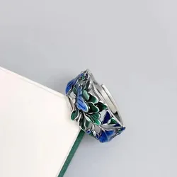 925 Silver Cloisonne Blue Green Enamel Craft Peony Flower Rings for Women Vintage Ethnic Style Ring Banquet Jewelry Gift