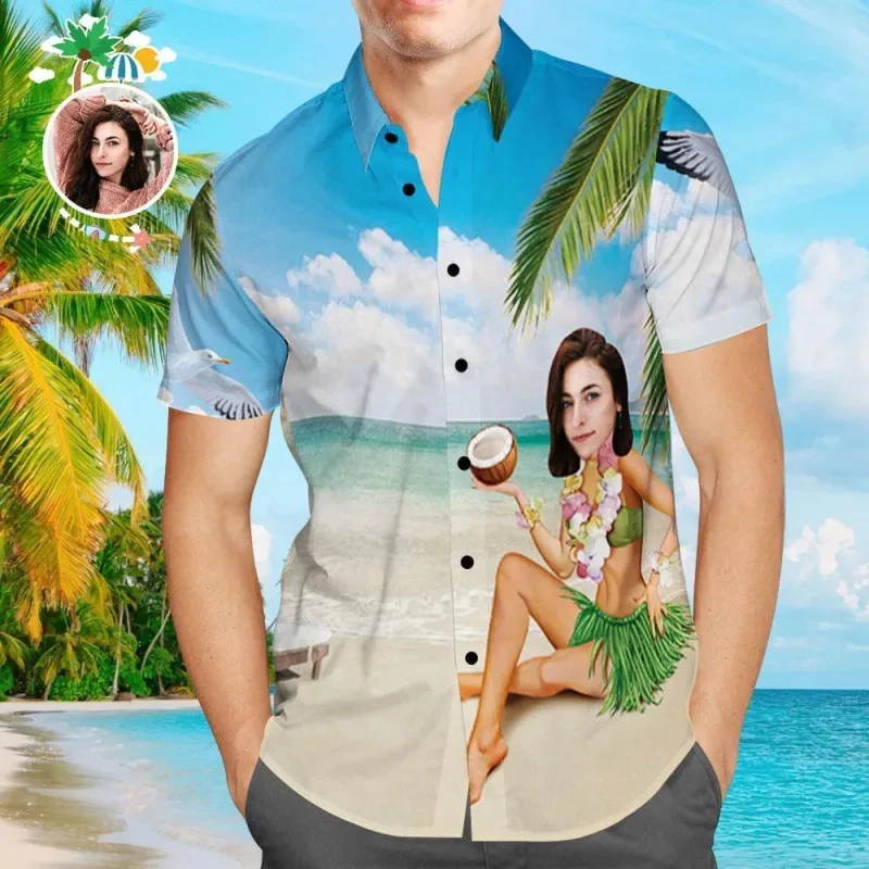 

Custom Photo Beach Shirts For Men Women Funny Personalized Face Custom Hawaiian Shirt Gift For Family Funny Oversized Y2k Tops