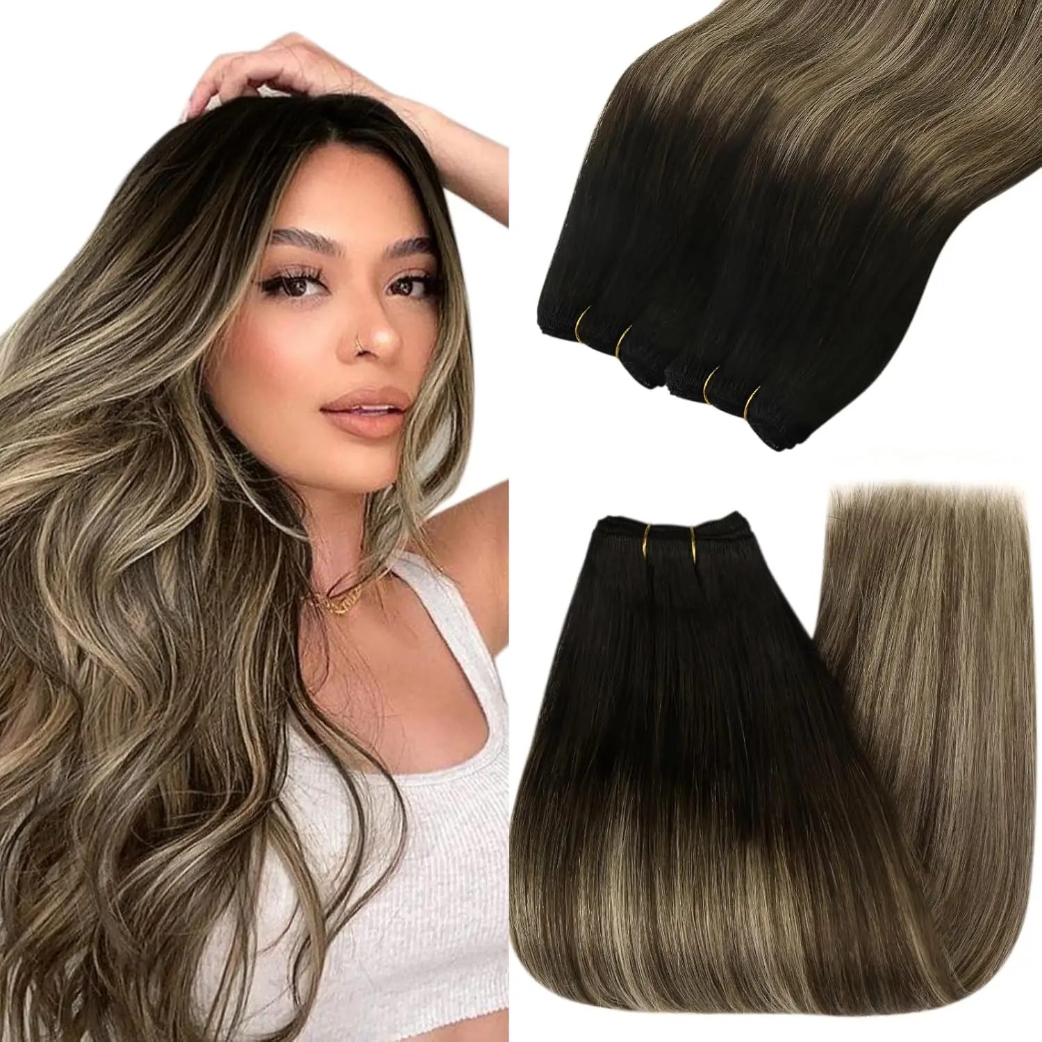 

[ New Color ]YoungSee Sew in Hair Extensions Silky Straight Natural Shiny Hair Black to Dark Brown Thick Ends Hair 100G