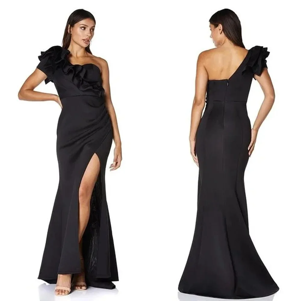

Customized Ruffles One Shoulder Black Prom Dresses with Slit Backless Mermaid Evening Dresses Plus Size Birthday Dress