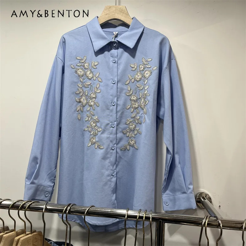 

Women's Heavy Beaded Embroidery Shirt Fashionable Loose Long-sleeves Blusas Top 2026 New Pink Single-breasted Blouse For Ladies