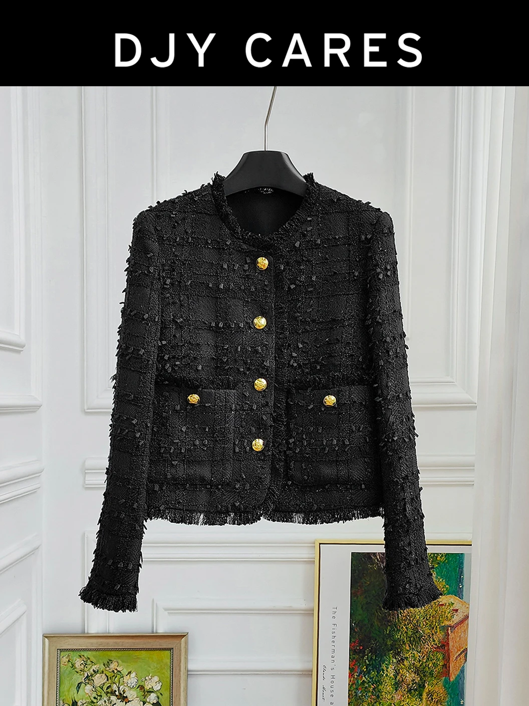 New  Coarse tweed light luxury high-end black jacket heavy duty temperament top big  size