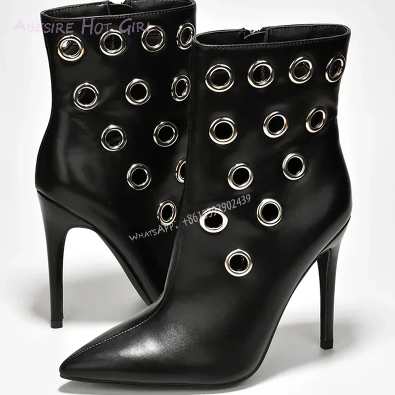 

Khaki Leather Pointed Toe Short Boots Women Round Hollow Metal Black Back Zip Tassel Lace-Up Booties White Stiletto Summer Shoes