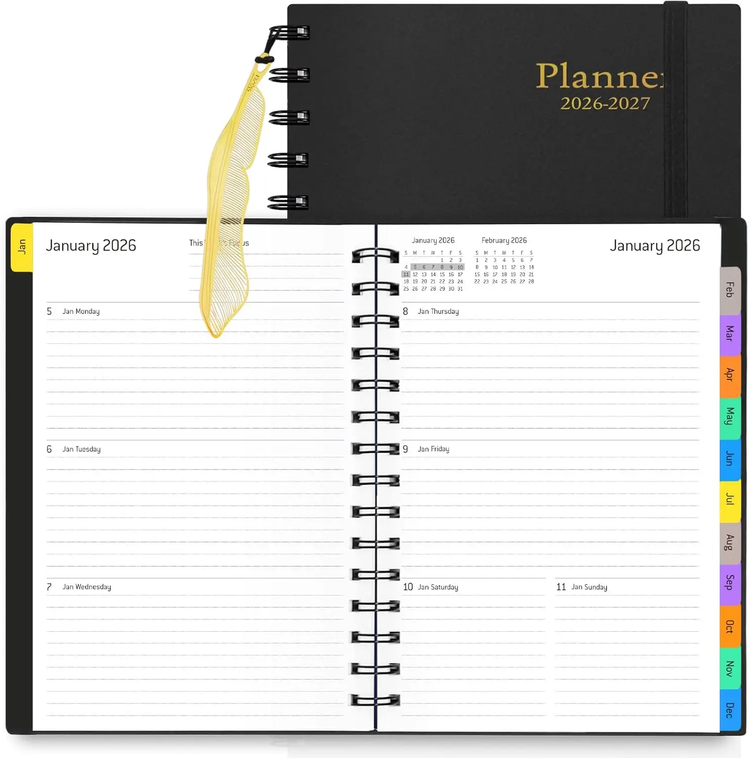 

18-Month Daily Planner 2026-2027, Weekly Monthly Calendar with Laminated Tabs, A5 Flexible Cover, 100GSM Thick Paper, Black