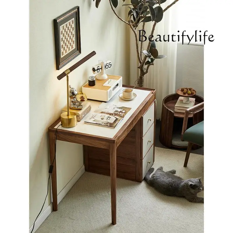 Italian Minimalist Solid Wood Stone Plate Desk European Entry Lux Desk Modern Home Desk