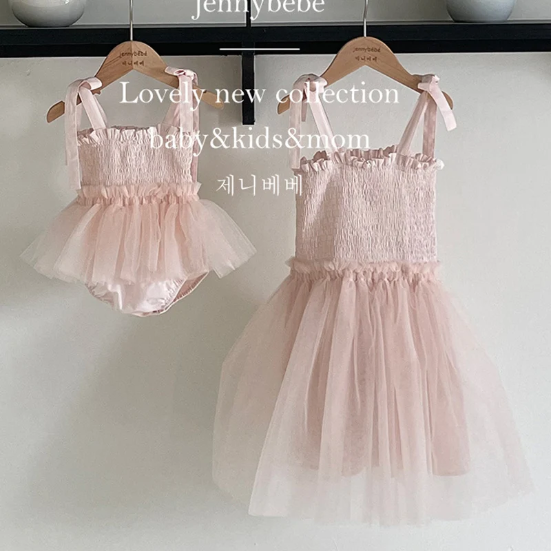 Summer Sister Dress Baby Girl Party Dress Sleeveless Cotton Mesh Splicing Infant Baby Romper Kids Princess Dresses