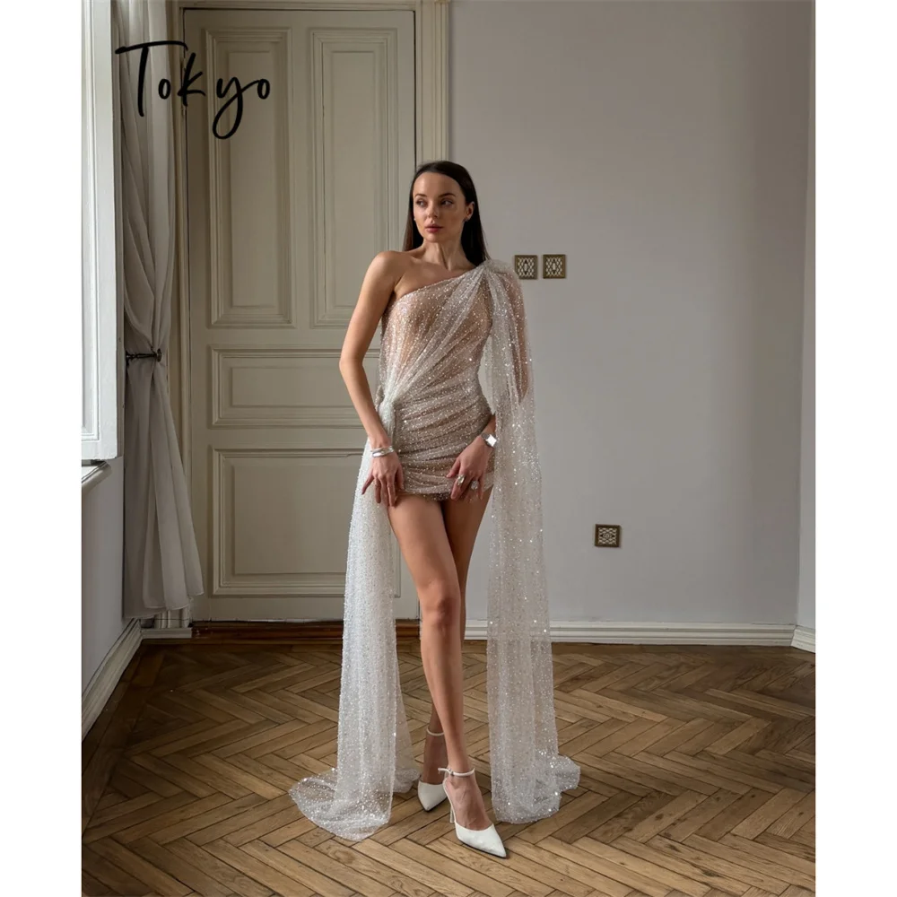 Tokyo Customized Elegent Long Shawl Gliter One Shoulder Mini Wedding Party Tiered Ruffle Prom Dress Sexy Wedding Party Dress