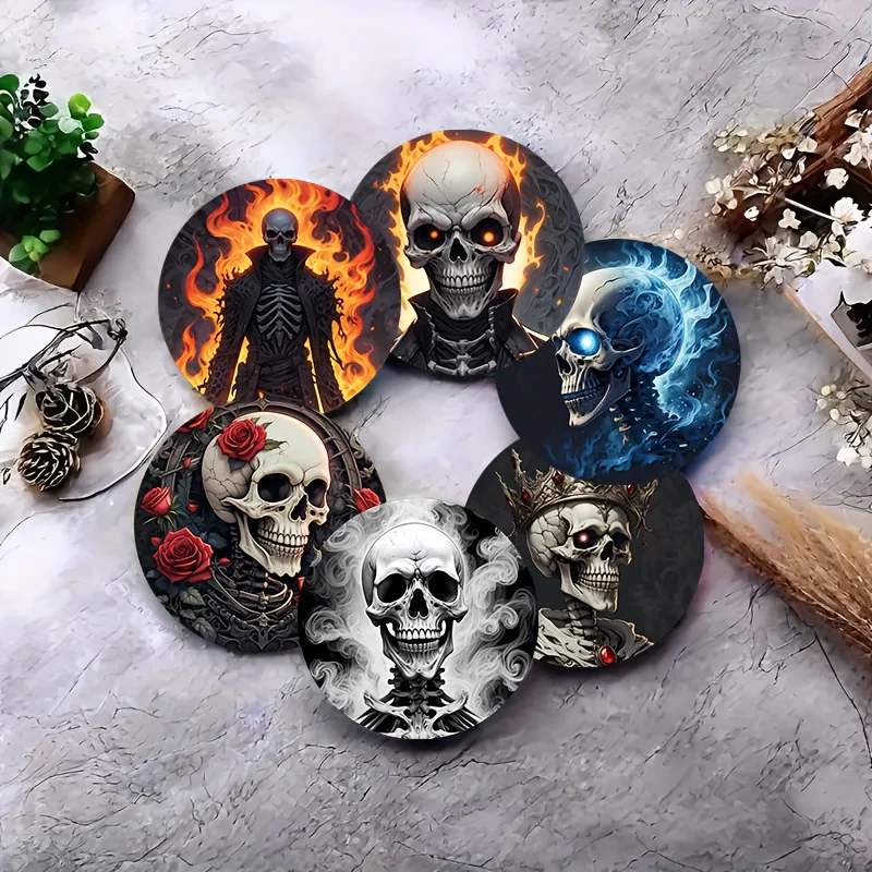 2D Retro Skeleton Pattern 10CM Wooden Coaster Sliding Desktop Protection for Restaurants Bars Coffee Shops Offices Home Decor