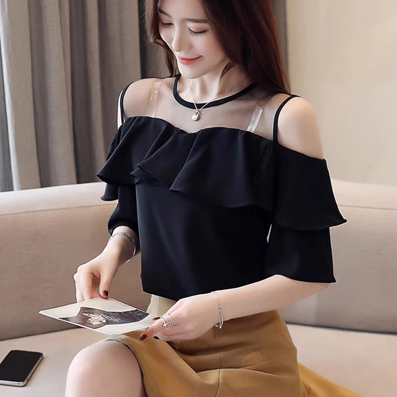 Summer Women Blouses 2024 White Women\'s Shirts Office Lady Clothes Short Sleeve Chiffon Blouse Woman Off Shoulder Tops 4206