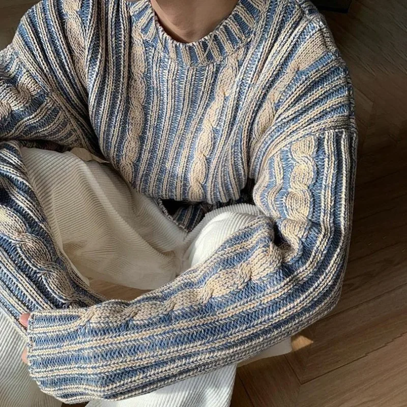 Niche Mixed Color Knitted Sweater Men Japanese Style Retro Striped Contrasting Round Neck Pullovers Couple Casual Losse Jumpers