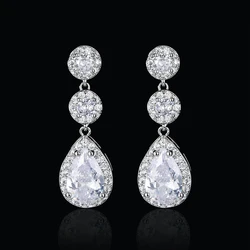 ZAKOL Luxury Zircon Wedding Long Dangle Earrings Round Water Drop AAA CZ Bridal Wedding Jewelry for Women