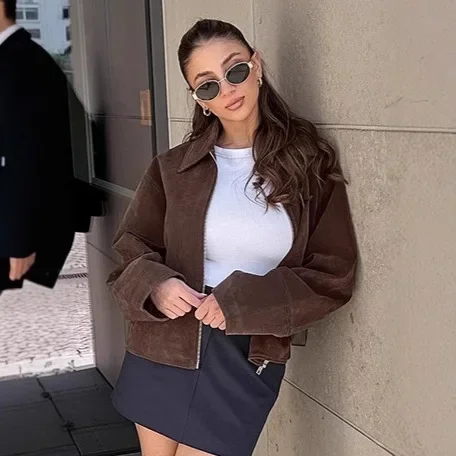 

Женские темно-коричневые замшевые пальто с воротником-стойкой, свободная куртка на молнии с длинными рукавами, осень 2024, женское модное пальто, уличная верхняя одежда