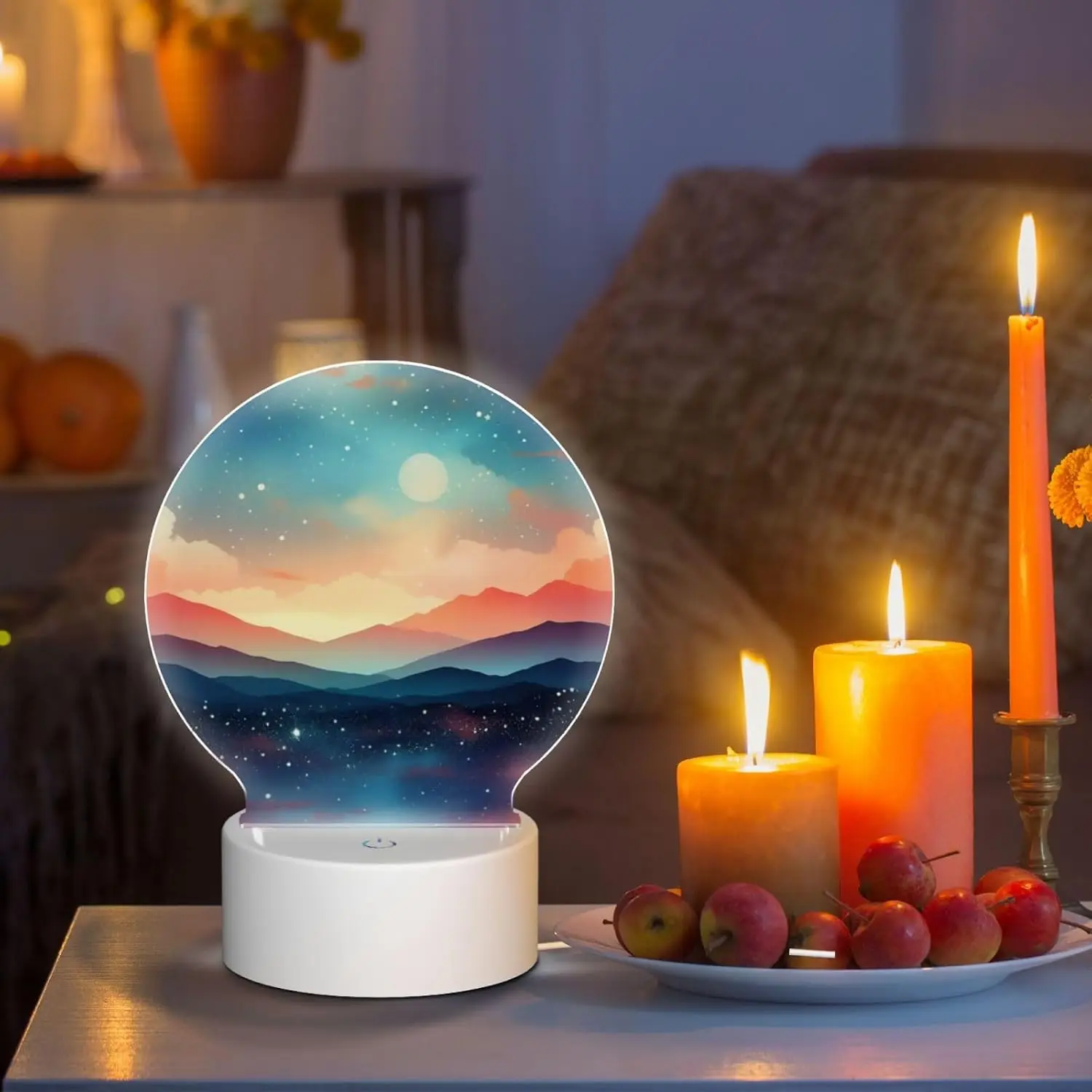 Round Acrylic Night Light, USB Plug-in, Starry Sky Printed Cute Dimmable Led Light, Elegant Ideal for Bedroom Gifts