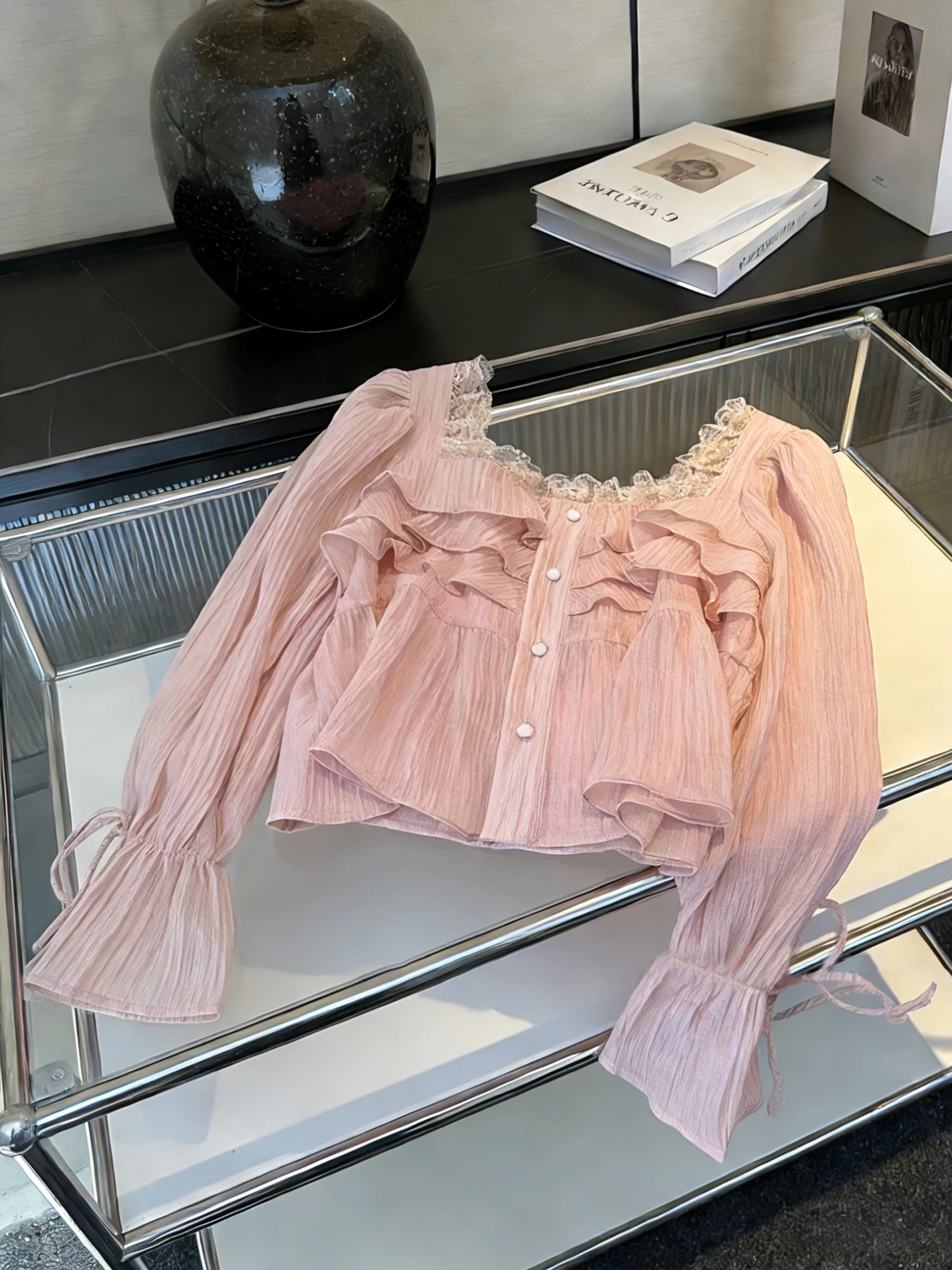 

Шикарная женская блузка в японском стиле с длинным рукавом и квадратным воротником, весна-осень, модный топ