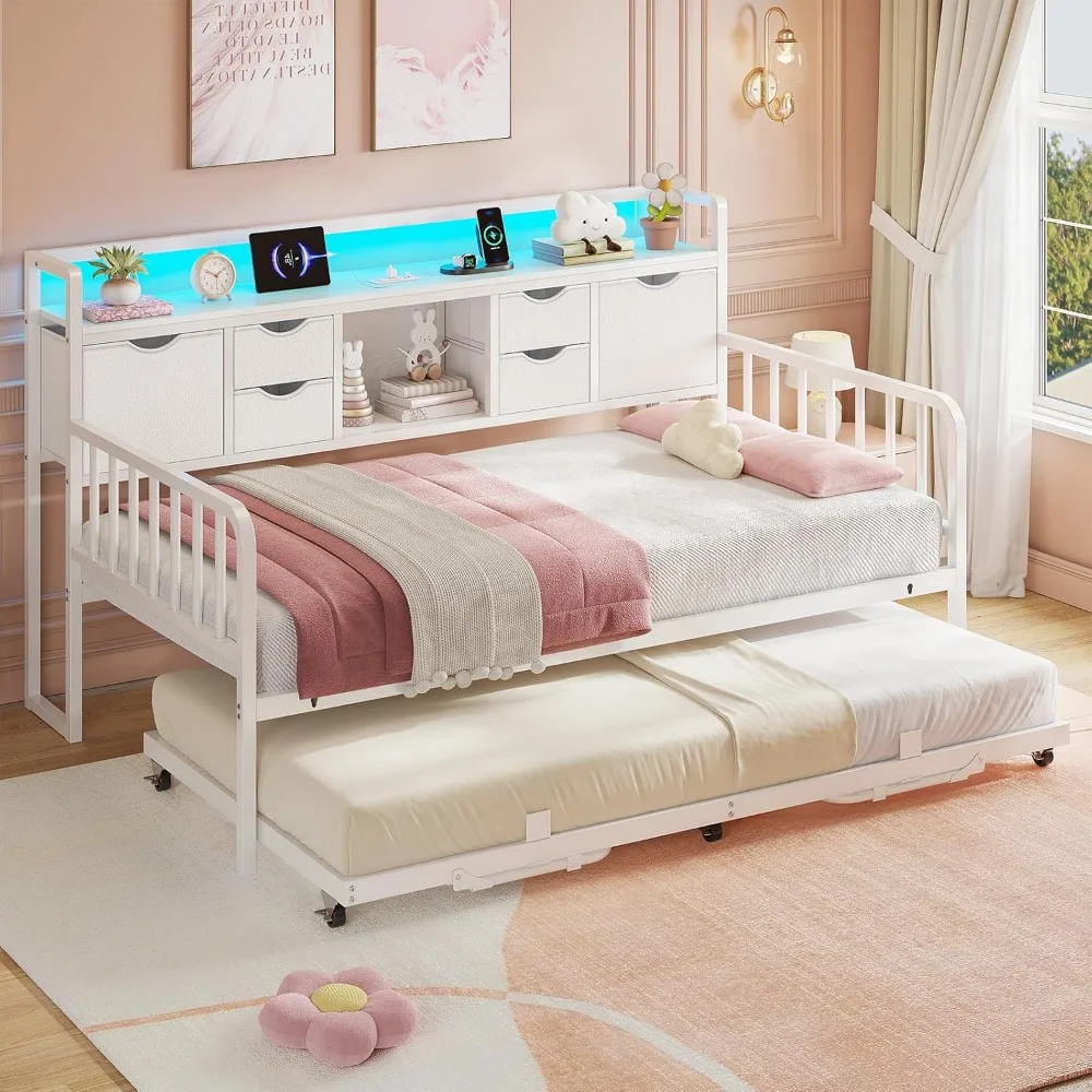 سرير نهاري مع دولاب، سرير نهاري مزدوج مع لوح رأسي للتخزين ومحطة شحن، سرير معدني مزدوج قابل للتعديل الارتفاع