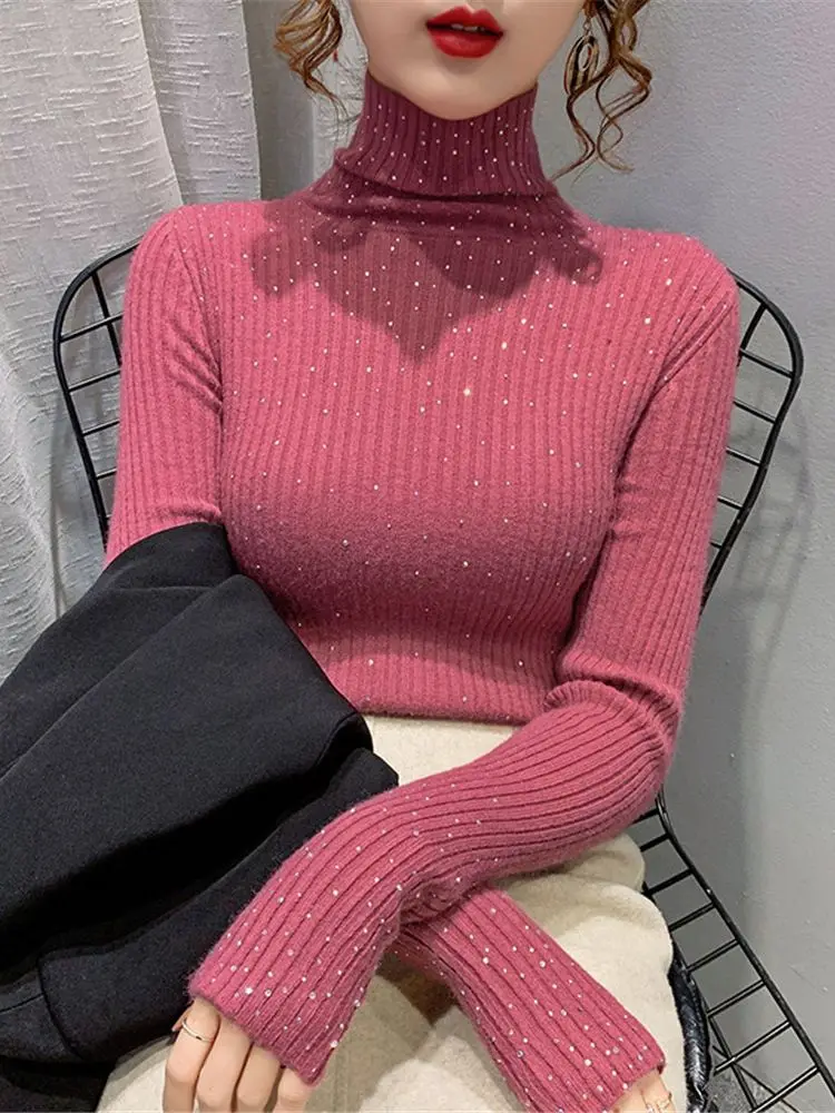 Winter Turtleneck Sweaters Women Sparkling Diamond Tops Slim Fit Pullover Women Knitted Sweater Jumpers Thick Warm Pull ZY7202