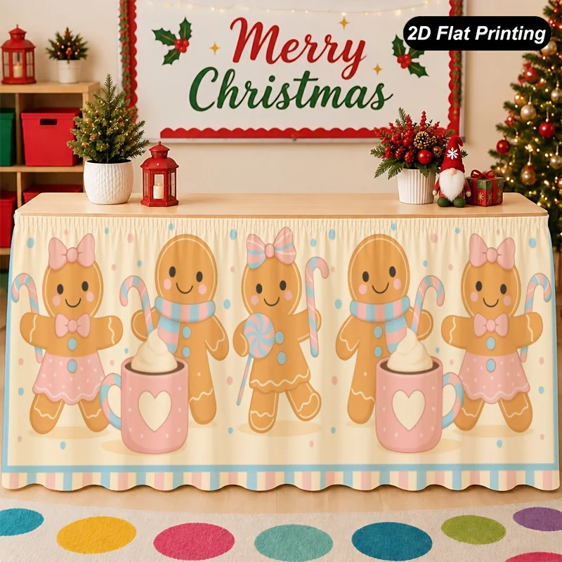 One 2D flat Christmas tablecloth with gingerbread cookie pattern tablecloth.