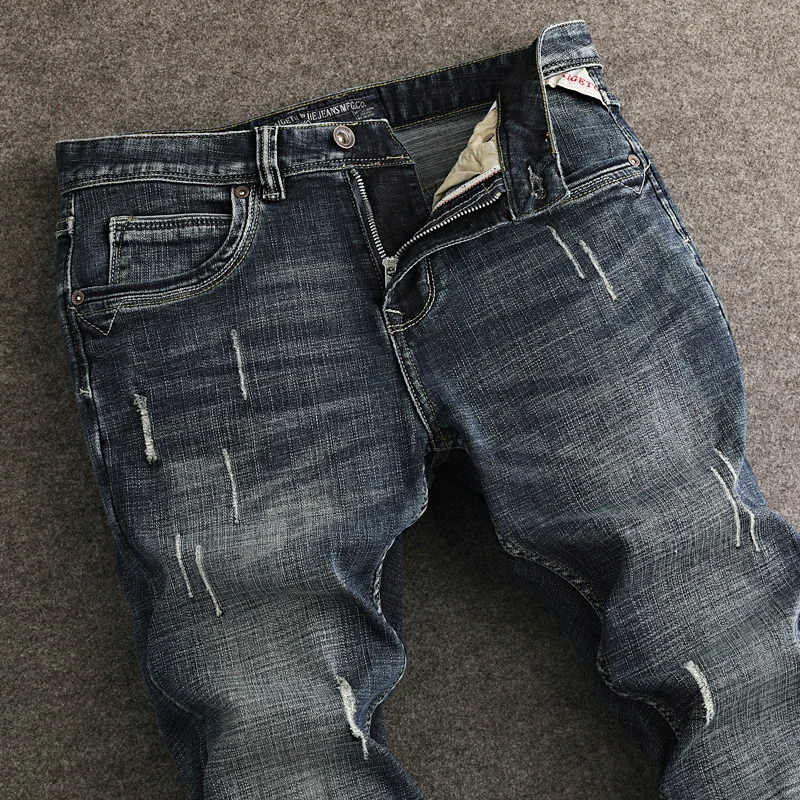 Street Fashion Men Jeans High Quality Retro Black Blue Stretch Slim Fit Ripped Jeans Men Vintage Designer Denim Pants Hombre