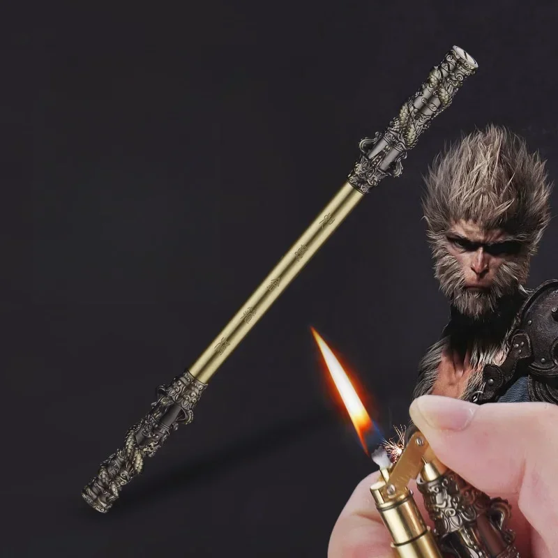 Portable Monkey King Kerosene Lighter Windproof Mini Retro Grinding Wheel Ignition Golden Cudgel Lighters Smoking Gift for Men