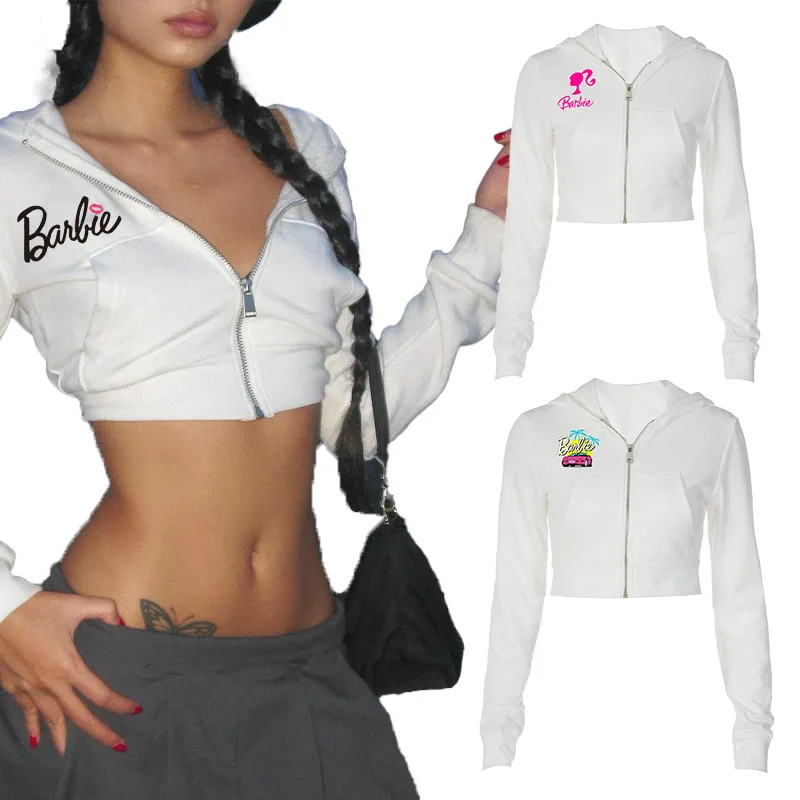 Kawaii Anime Barbie Printed Cartoon Cute Cardigan Zipper Hooded Slim Cropped Top Navel-Baring Long Sleeve Women's Clothing