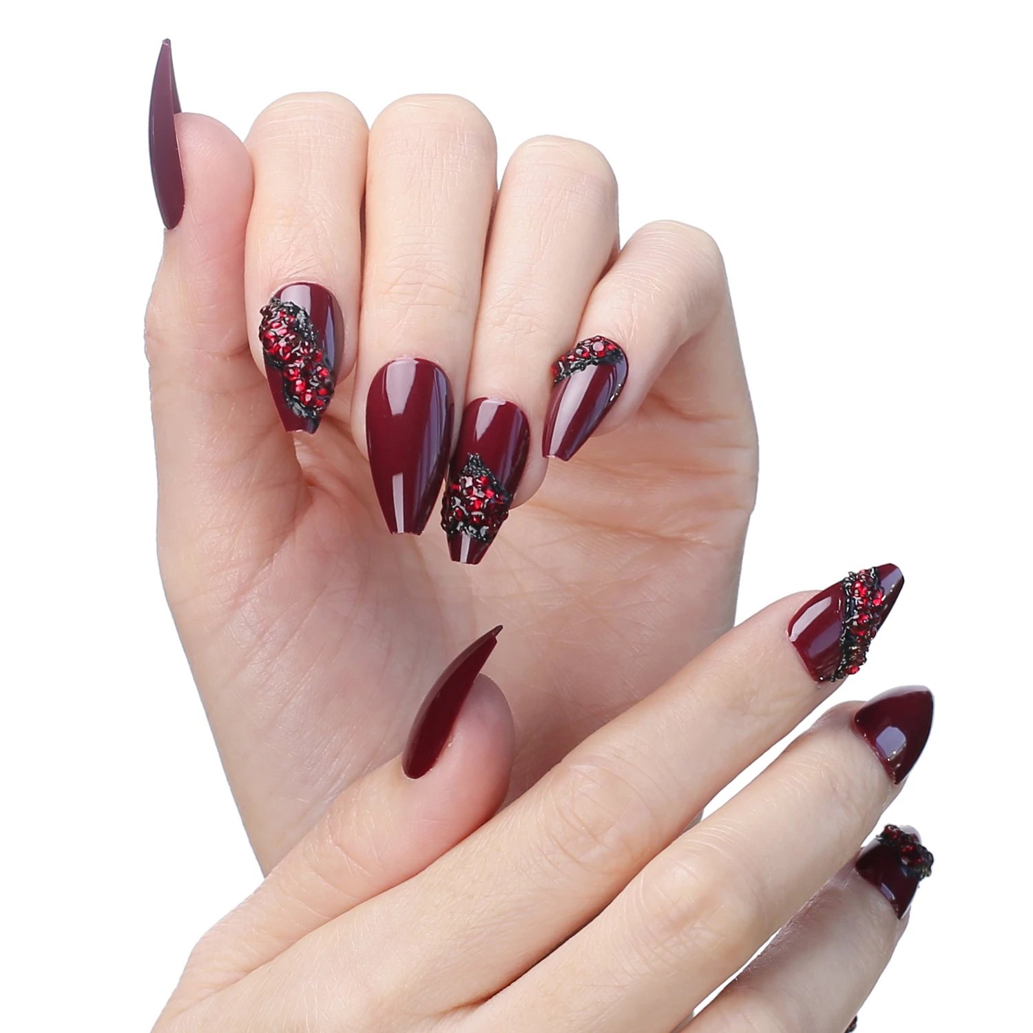 Short Maroon Ballet False nails Burgundy Fake nails Gothic Red crystal Natural Manicura Reusable Gel Coffin Press on nails