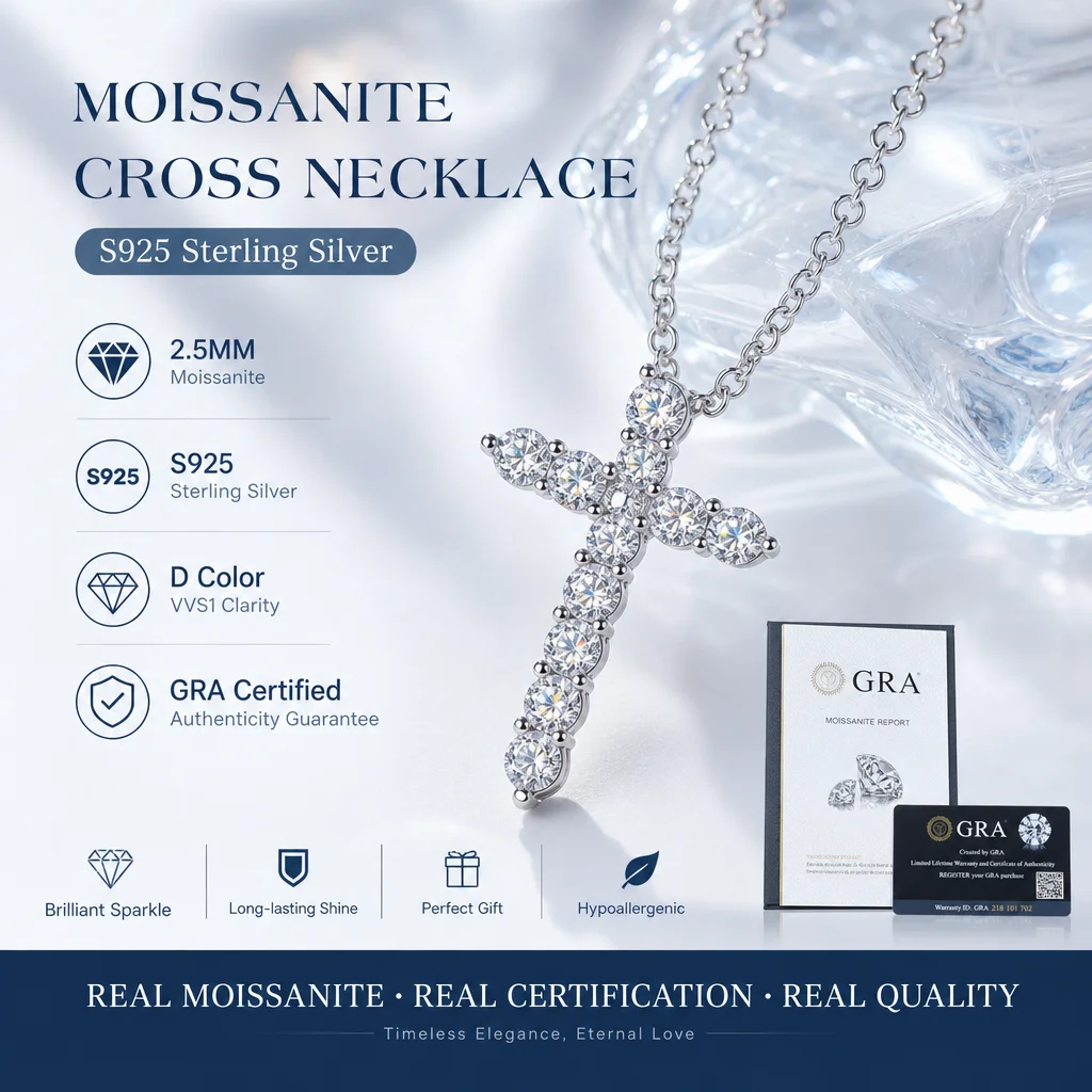 S925 Sterling Silber 2,5mm Moissanit Kreuzförmige Halskette mit GRA-Zertifikat für Damen und Herren Modeschmuck – Detail 3