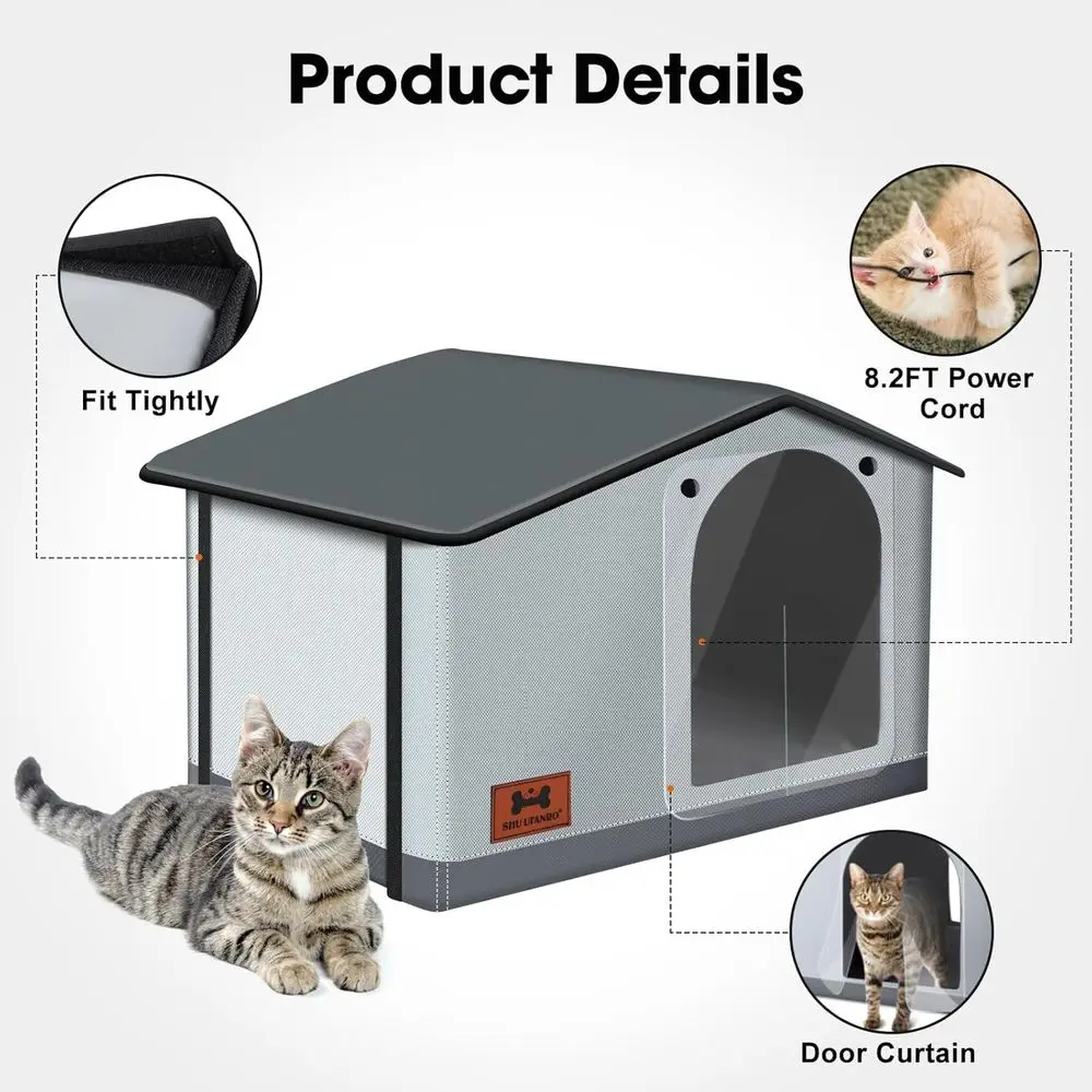 Weatherproof Outdoor & Indoor Heated Cat House with Pad, Suitable for Feral Cats & Small Dogs, 20x17x16 inches