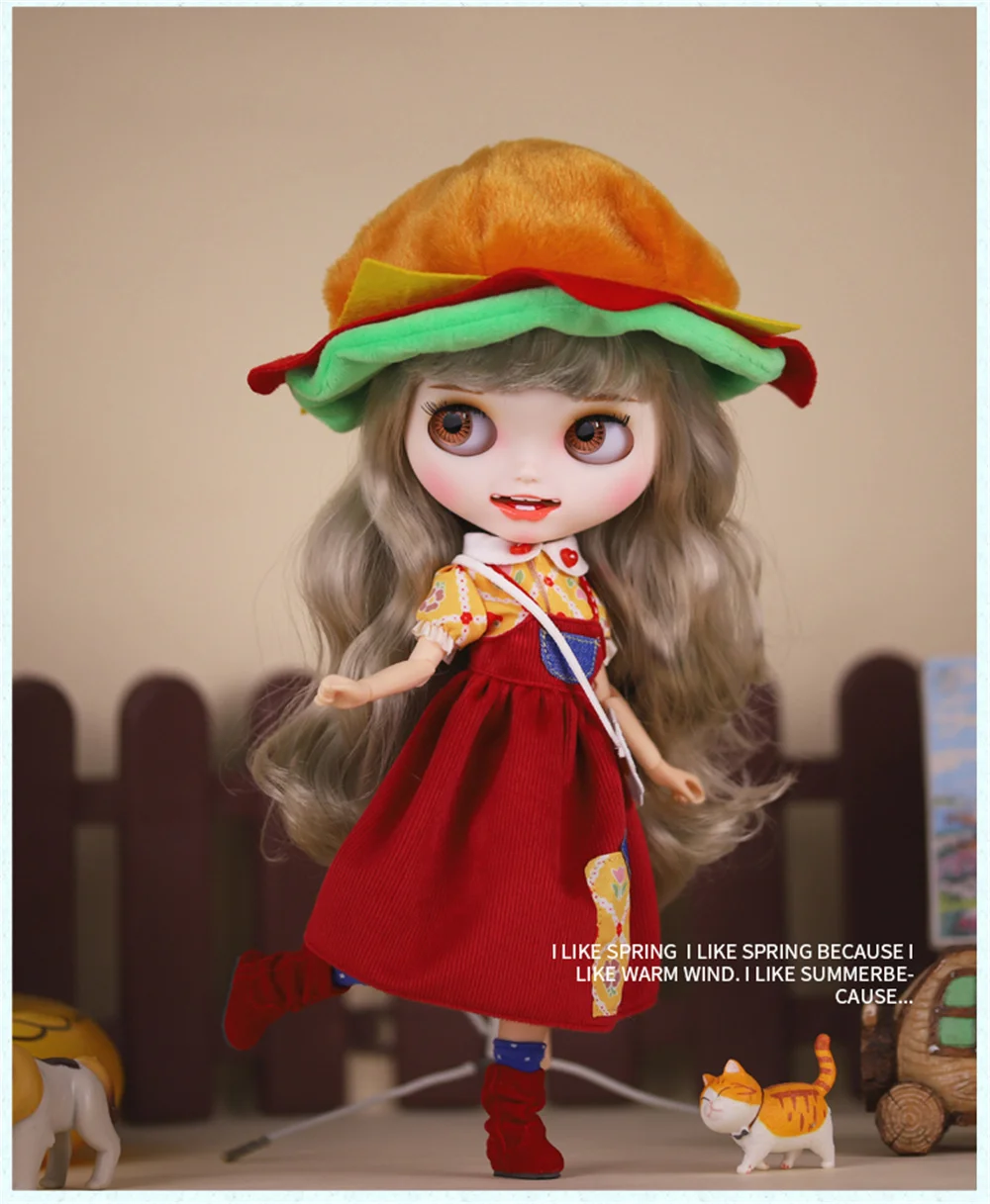 Blythe Size Deep red Versatile cute rural Hamburger Girl Set 4 piece set 1/6 Size doll accessories