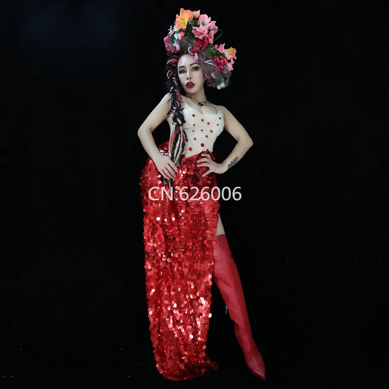 

Women Sexy Red Sequins Skirt Costumes Bar Nightclub Female Singer DJ Wear Sexy large split one-piece outfit Dance club