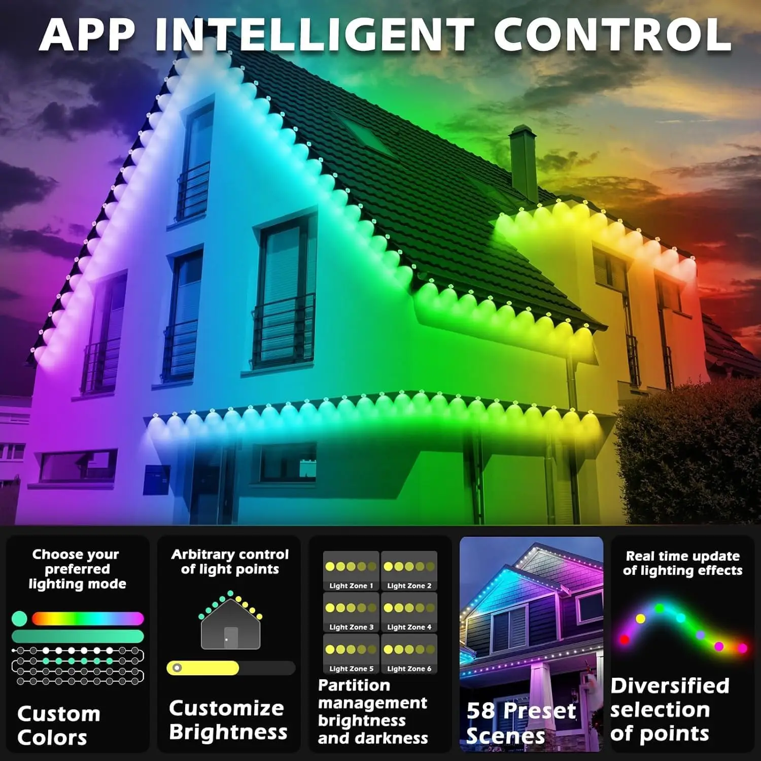 Luci esterne permanenti, luci RGB Eaves con telecomando App, modalità scena fai da te IP67 impermeabile all'aperto sotto l'illuminazione Eave, Ou