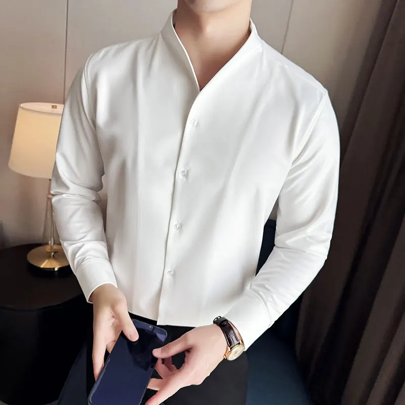 Men V-neck Shirt 2024 Spring New British Style Anti-wrinkle Soft Solid Casual Elastic Slim Fit Long Sleeved Shirt Men Clothing