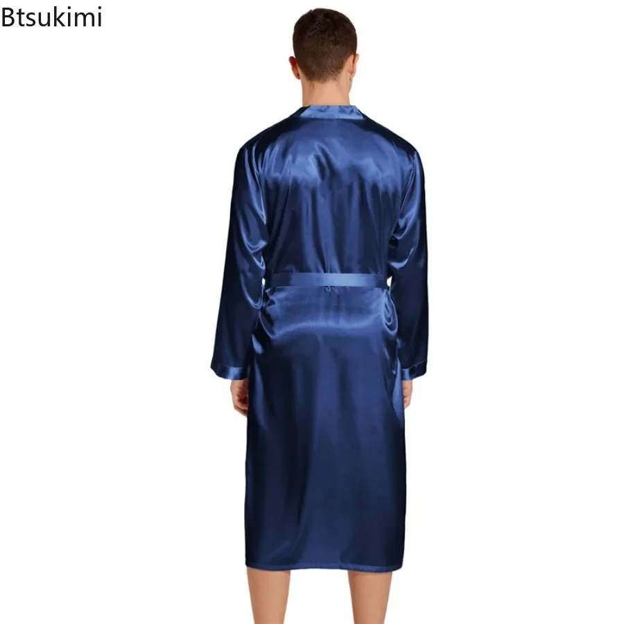 New 2025 Men\'s Long Robes Faux Silk Soft Home Bathrobe Plus Size Nightgown for Men Solid Loose Homewear Men Satin Pajamas Dress