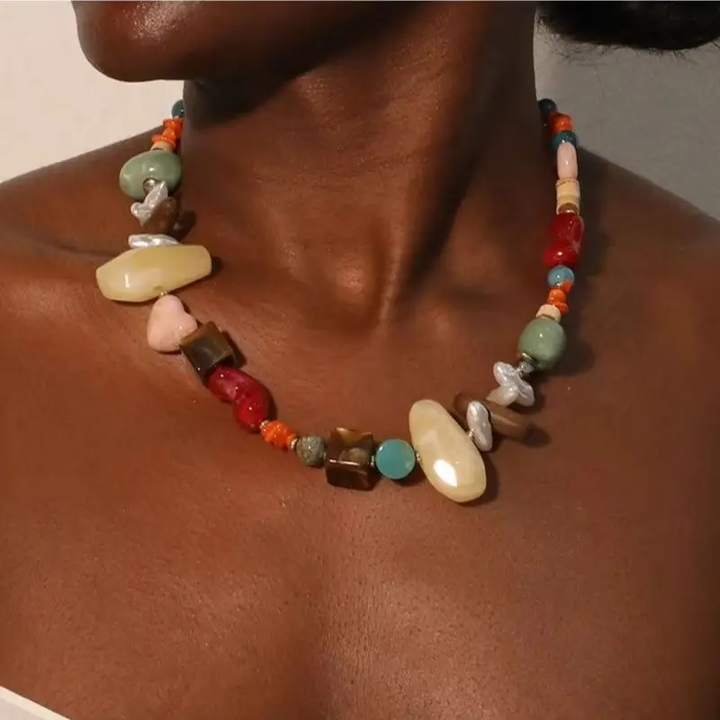 

The Poseidon Natural Stone Collar Necklace, Handcrafted In Irregular Geometric Shapes, Is Suitable For Women To Wear.