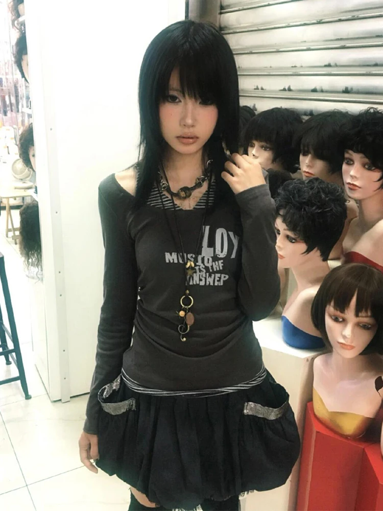 Genayooa Y2k Japanese T Shirt Women Patchwork Fake Two Pieces Tops Streetwear Vintage Grunge Graphic Tops Autumn American Retro
