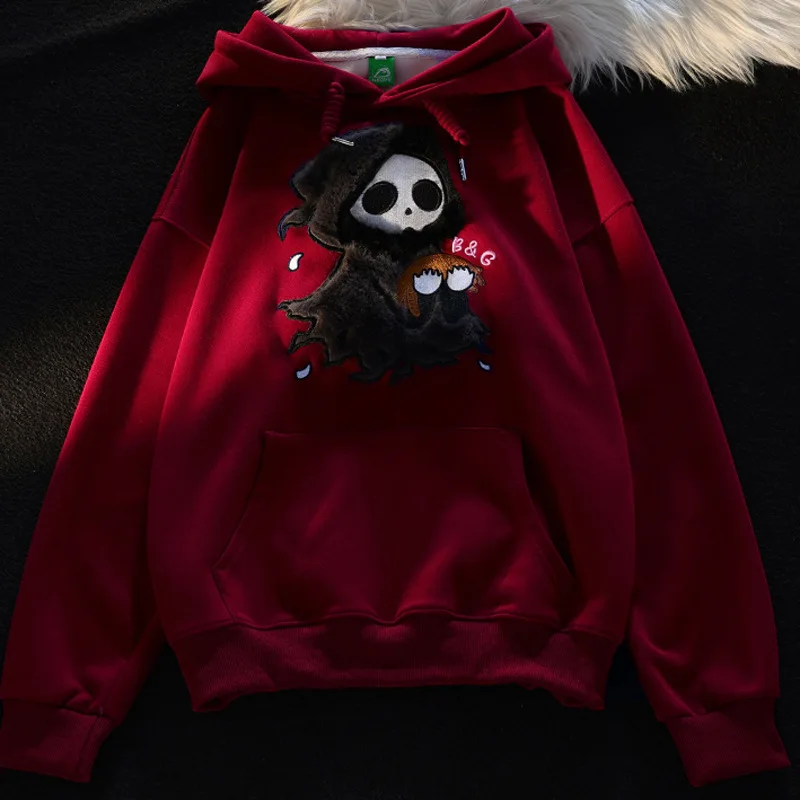 2024 Autumn Halloween Clothes Embroidery Little Ghost Plus Fleece Hoodie Women\'s Winter Thick Lazy Loose Sweatshirt Couple Wear